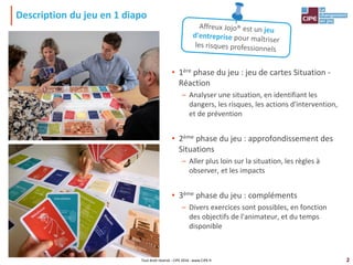 2
Description du jeu en 1 diapo
• 1ère phase du jeu : jeu de cartes Situation -
Réaction
– Analyser une situation, en identifiant les
dangers, les risques, les actions d'intervention,
et de prévention
• 2ème phase du jeu : approfondissement des
Situations
– Aller plus loin sur la situation, les règles à
observer, et les impacts
• 3ème phase du jeu : compléments
– Divers exercices sont possibles, en fonction
des objectifs de l'animateur, et du temps
disponible
Tout droit réservé - CIPE 2016 - www.CIPE.fr
 
