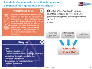 34
35
▪ TMS
▪ Douleurs lombaires
▪ Complications : hernies, lumbago, sciatique,
lombalgies, dorsalgies, déchirures...
▪ Atteintes irréversibles
des muscles, nerfs, articulations...
▪ Risques d'invalidité
Extrait du diaporama de correction des questions
Situation n° 65 – Questions sur les risques
❸ Le fait d'être "costaud", comme
disent les collègues de Jojo, est-il une
garantie de ne jamais avoir de problèmes
de dos ?
• NON
Maladresse n°65
Risques
mauvaise
posture
effort (poids
soulevés)
répétition
facteurs de
risques TMS
Tout droit réservé - CIPE 2016 - www.CIPE.fr
S
Jojo est manutentionnaire depuis 12 ans.
Il charge à la main dans des caisses en bois
des centaines de pièces métalliques posées
au sol dont chacune pèse entre 20 et 50 kg.
Jambes tendues, il décolle ses pièces et
pivote sur ses talons. À le regarder, on
jurerait qu'il soulève 5 kg. Plus on fait
d'efforts, plus ça muscle le dos dit-il !…
Il a toujours été costaud disent ses
collègues …
 
