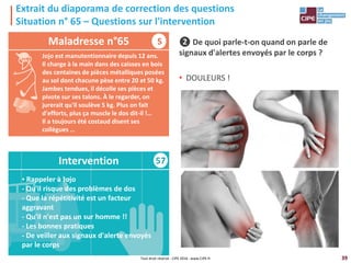 39
57
Extrait du diaporama de correction des questions
Situation n° 65 – Questions sur l'intervention
❷ De quoi parle-t-on quand on parle de
signaux d'alertes envoyés par le corps ?
• DOULEURS !
Maladresse n°65
Intervention
▪ Rappeler à Jojo
- Qu'il risque des problèmes de dos
- Que la répétitivité est un facteur
aggravant
- Qu'il n'est pas un sur homme !!
- Les bonnes pratiques
- De veiller aux signaux d'alerte envoyés
par le corps
Tout droit réservé - CIPE 2016 - www.CIPE.fr
S
Jojo est manutentionnaire depuis 12 ans.
Il charge à la main dans des caisses en bois
des centaines de pièces métalliques posées
au sol dont chacune pèse entre 20 et 50 kg.
Jambes tendues, il décolle ses pièces et
pivote sur ses talons. À le regarder, on
jurerait qu'il soulève 5 kg. Plus on fait
d'efforts, plus ça muscle le dos dit-il !…
Il a toujours été costaud disent ses
collègues …
 