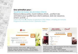 24Une animation pour : Qualifier les bases de données Clients Nature & Découvertes, Camif, Editions ATLAS… profitent des animations pour qualifier leurs clients (adresse, date de naissance, enfant, activité…) Impact Business Création d’opérations CRM ciblées : emailinganniversaire, Programme animation Enfant, Opération Jardin… Nombre d’enfant / Petit enfant : 80% renseignéPrénom, date de naissance enfant : 70% renseignéOpération CRM associée : Email Anniversaire enfant 
Adresse postale : 100% renseignée (données obligatoire) 
Jardin (Oui/non) : 95% renseigné 
Propriétaire / Locataire : 95% renseigné 
Opération CRM associée : Email thématique Jardin  