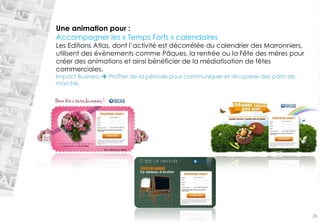 Une animation pour : 
Accompagner les «Temps Forts» calendaires 
Les Editions Atlas, dont l’activité est décorréléedu calendrier des Marronniers, utilisent des évènements comme Pâques, la rentrée ou la Fête des mères pour créer des animations et ainsi bénéficier de la médiatisation de fêtes commerciales. 
Impact Business Profiter de la période pour communiquer et récupérer des parts de marché. 
26  