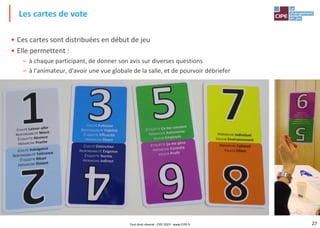 27
Les cartes de vote
Tout droit réservé - CIPE 2023 - www.CIPE.fr
• Ces cartes sont distribuées en début de jeu
• Elle permettent :
– à chaque participant, de donner son avis sur diverses questions
– à l'animateur, d'avoir une vue globale de la salle, et de pourvoir débriefer
 