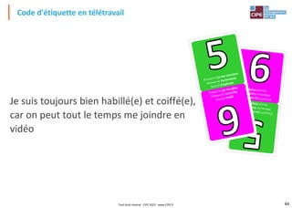 44
Je suis toujours bien habillé(e) et coiffé(e),
car on peut tout le temps me joindre en
vidéo
Code d'étiquette en télétravail
É
TI
QU
ET
TE
Ça
m
e
co
n
vi
en
t H
IÉ
RA
RC
HI
E
A
u
to
n
om
ie V
AL
EU
R
Em
pl
o
yé
s
E
TI
QU
ET
TE
Ça
m
e
gê
n
e H
IÉ
RA
RC
HI
E
Co
nt
rô
le
V
AL
EU
R
Pr
of
it
ÉTIQUETTE Ça me convient
HIÉRARCHIE Autonomie
VALEUR Employés
ETIQUETTE Ça me gêne
HIÉRARCHIE Contrôle
VALEUR Profit
Tout droit réservé - CIPE 2023 - www.CIPE.fr
 