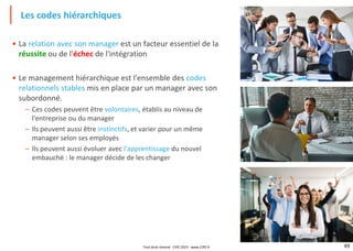 49
• La relation avec son manager est un facteur essentiel de la
réussite ou de l'échec de l'intégration
• Le management hiérarchique est l'ensemble des codes
relationnels stables mis en place par un manager avec son
subordonné.
– Ces codes peuvent être volontaires, établis au niveau de
l'entreprise ou du manager
– Ils peuvent aussi être instinctifs, et varier pour un même
manager selon ses employés
– Ils peuvent aussi évoluer avec l'apprentissage du nouvel
embauché : le manager décide de les changer
Les codes hiérarchiques
Tout droit réservé - CIPE 2023 - www.CIPE.fr
 
