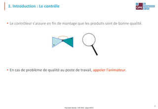 Tout droit réservé - CIPE 2015 - www.CIPE.fr
6
1. Introduction : Le contrôle
• Le contrôleur s'assure en fin de montage que les produits sont de bonne qualité.
• En cas de problème de qualité au poste de travail, appeler l'animateur.
 