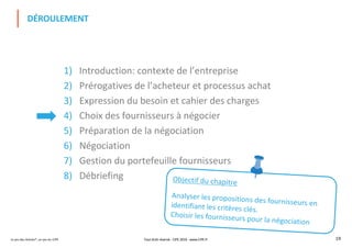 Le jeu des Achats®, un jeu du CIPE 19
1) Introduction: contexte de l’entreprise
2) Prérogatives de l’acheteur et processus achat
3) Expression du besoin et cahier des charges
4) Choix des fournisseurs à négocier
5) Préparation de la négociation
6) Négociation
7) Gestion du portefeuille fournisseurs
8) Débriefing
DÉROULEMENT
Tout droit réservé - CIPE 2019 - www.CIPE.fr
Objectif du chapitre
Analyser les propositions des fournisseurs enidentifiant les critères clés.
Choisir les fournisseurs pour la négociation
 