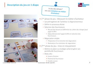 Le jeu des Achats®, un jeu du CIPE 2
• 1ère phase du jeu : Découvrir le métier d’acheteur
– Les prérogatives de l’acheteur vs Approvisionneur
– Définir le processus Achat
– Sélection des fournisseurs:
• Recueil des besoins et définition du cahier des charges pour
appel d’offre
• Dépouillement de l’appel d’offre et sélection des
fournisseurs
– Négociation simple:
• Préparation d’un entretien de négociation
• Réalisation d’un entretien de négociation
• 2ème phase du jeu : mise en mouvement
– Mettre en place sa stratégie achat et gérer son
portefeuille fournisseurs
– Mots-clés :
• Leviers d’action
• Partenariat fournisseur
• Double source
Description du jeu en 1 diapo
Le jeu des Achats®
est une initiation au métier
d’acheteur
Tout droit réservé - CIPE 2019 - www.CIPE.fr
 