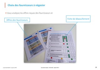 Le jeu des Achats®, un jeu du CIPE 20
• Vous analysez les offres reçues des fournisseurs et
Choix des fournisseurs à négocier
Offres des fournisseurs
Fiche de dépouillement
Tout droit réservé - CIPE 2019 - www.CIPE.fr
 