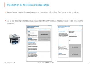 Le jeu des Achats®, un jeu du CIPE 22
• Dans chaque équipe, les participants se répartissent les rôles d’acheteur et de vendeur.
• Sur le cas des imprimantes vous préparez votre entretien de négociation à l’aide de la trame
proposée
Préparation de l’entretien de négociation
Tout droit réservé - CIPE 2019 - www.CIPE.fr
 