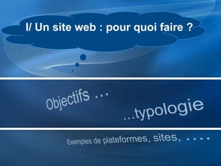 I/ Un site web : pour quoi faire ?Objectifs ……typologieExemples de plateformes, sites, ….
