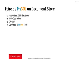 Faire de MySQL un Document Store
1.support de JSON datatype
2.CRUD Operations
3.X Plugin
4.X protocol &MySQLShell
Copyright @ 2017 Oracle and/or its affiliates. All rights reserved.
38 / 90
 