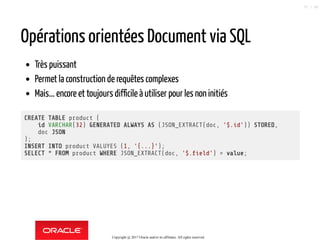 Opérations orientées Document via SQL
Très puissant
Permet la construction de requêtes complexes
Mais... encore et toujours difficile à utiliser pour les non initiés
CREATE TABLE product (
id VARCHAR(32) GENERATED ALWAYS AS (JSON_EXTRACT(doc, '$.id')) STORED,
doc JSON
);
INSERT INTO product VALUYES (1, '{...}');
SELECT * FROM product WHERE JSON_EXTRACT(doc, '$. eld') = value;
Copyright @ 2017 Oracle and/or its affiliates. All rights reserved.
75 / 90
 