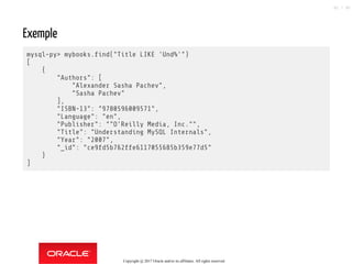 Exemple
mysql-py> mybooks. nd("Title LIKE 'Und%'")
[
{
"Authors": [
"Alexander Sasha Pachev",
"Sasha Pachev"
],
"ISBN-13": "9780596009571",
"Language": "en",
"Publisher": ""O'Reilly Media, Inc."",
"Title": "Understanding MySQL Internals",
"Year": "2007",
"_id": "ce9fd5b762ffe6117055685b359e77d5"
}
]
Copyright @ 2017 Oracle and/or its affiliates. All rights reserved.
82 / 90
 