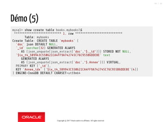 Démo (5)
mysql> show create table books.mybooksG
*************************** 1. row ***************************
Table: mybooks
Create Table: CREATE TABLE `mybooks` (
`doc` json DEFAULT NULL,
`_id` varchar(32) GENERATED ALWAYS
AS (json_unquote(json_extract(`doc`,'$._id'))) STORED NOT NULL,
`$ix_t4_589943C550621CA4FF9A742745C76C955B6DDE8E` text
GENERATED ALWAYS
AS (json_unquote(json_extract(`doc`,'$.Annee'))) VIRTUAL,
PRIMARY KEY (`_id`),
KEY `Annee_idx` (`$ix_t4_589943C550621CA4FF9A742745C76C955B6DDE8E`(4))
) ENGINE=InnoDB DEFAULT CHARSET=utf8mb4
Copyright @ 2017 Oracle and/or its affiliates. All rights reserved.
89 / 90
 