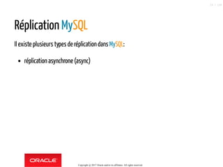 Réplication MySQL
Il existe plusieurs types de réplication dans MySQL:
réplication asynchrone (async)
Copyright @ 2017 Oracle and/or its affiliates. All rights reserved.
29 / 124
 