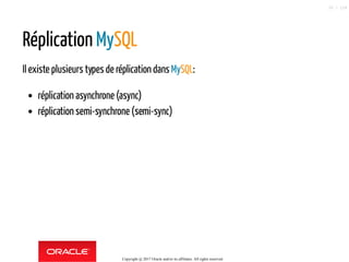 Réplication MySQL
Il existe plusieurs types de réplication dans MySQL:
réplication asynchrone (async)
réplication semi-synchrone (semi-sync)
Copyright @ 2017 Oracle and/or its affiliates. All rights reserved.
30 / 124
 