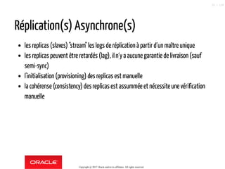 Réplication(s) Asynchrone(s)
les replicas (slaves) "stream" les logs de réplication à partir d´un maître unique
les replicas peuvent être retardés (lag), iln´y a aucune garantiede livraison (sauf
semi-sync)
l'initialisation (provisioning) des replicasest manuelle
la cohérense (consistency) desreplicasest assummée et nécessite une vérification
manuelle
Copyright @ 2017 Oracle and/or its affiliates. All rights reserved.
35 / 124
 