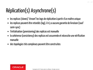 Réplication(s) Asynchrone(s)
les replicas (slaves) "stream" les logs de réplication à partir d´un maître unique
les replicas peuvent être retardés (lag), iln´y a aucune garantiede livraison (sauf
semi-sync)
l'initialisation (provisioning) des replicasest manuelle
la cohérense (consistency) desreplicasest assummée et nécessite une vérification
manuelle
des topologies très complexes peuvent être construites
Copyright @ 2017 Oracle and/or its affiliates. All rights reserved.
36 / 124
 