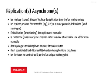 Réplication(s) Asynchrone(s)
les replicas (slaves) "stream" les logs de réplication à partir d´un maître unique
les replicas peuvent être retardés (lag), iln´y a aucune garantiede livraison (sauf
semi-sync)
l'initialisation (provisioning) des replicasest manuelle
la cohérense (consistency) desreplicasest assummée et nécessite une vérification
manuelle
des topologies très complexes peuvent être construites
il est possible (et fort déconseillé) de créer des replications circulaires
les écritures ne sont sûr qu´à partir d´un unique maître global
Copyright @ 2017 Oracle and/or its affiliates. All rights reserved.
38 / 124
 