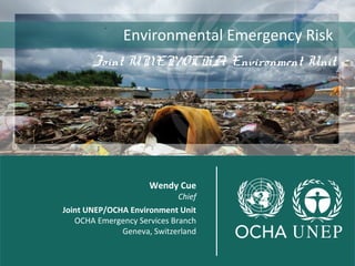 Environmental Emergency Risk 
Joint UNEP/OCHA Environment Unit 
joint 
Wendy Cue 
Chief 
Joint UNEP/OCHA Environment Unit 
OCHA Emergency Services Branch 
Geneva, Switzerland 
 