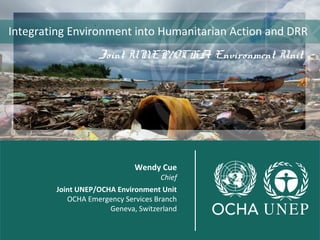 Integrating Environment into Humanitarian Action and DRR 
Joint UNEP/OCHA Environment Unit 
joint 
Wendy Cue 
Chief 
Joint UNEP/OCHA Environment Unit 
OCHA Emergency Services Branch 
Geneva, Switzerland 
 