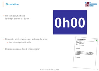 22Tout droit réservé - CIPE 2015 - www.CIPE.fr
• Un compteur affiche
le temps écoulé à l'écran :
• Des mails sont envoyés aux acteurs du projet
– ils sont analysés et traités
• Des réunions ont lieu à chaque jalon
Simulation
0h00
Page 1 sur 1BUREAU D'ÉTUDES
Cher Client,
Je vous informe que la pièce barre 1x4 Jaune ne
sera plus fabriquée. La technologie de cette pièce
est obsolète et nous n’avons plus les machines
appropriées.
Cordialement
De : FournisseurEnvoyé : aujourd'hui 1h48À : Bureau d'EtudesCc : -
Objet : Barre 1x4 jaune
B1
 