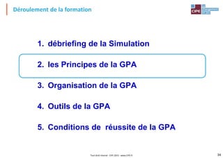 34Tout droit réservé - CIPE 2015 - www.CIPE.fr
Déroulement de la formation
1. débriefing de la Simulation
2. les Principes de la GPA
3. Organisation de la GPA
4. Outils de la GPA
5. Conditions de réussite de la GPA
 