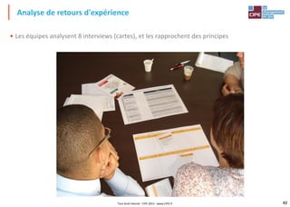 40Tout droit réservé - CIPE 2015 - www.CIPE.fr
• Les équipes analysent 8 interviews (cartes), et les rapprochent des principes
Analyse de retours d'expérience
 