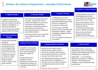 41Tout droit réservé - CIPE 2015 - www.CIPE.fr
• Voici les 8 interviews destinées à l'équipe Bleue
Analyse de retours d'expérience : exemple d'interviews
d. Technicien à l'Industrialisation
L'industrialisation a lieu en fin
de développement et donc
nous subissons le maximum de
pression pour tenir le délai.
Ce qui nous manque c'est un
tableau de bord en bonne et
due forme avec les
contributions de chacun des
services, objectifs actualisés, …
Nous pourrions sûrement
trouver des pistes pour
améliorer la tenue des délais.
a. Ingénieur études
Le projet sur lequel nous
travaillons est prioritaire, et
pour nous motiver, une prime
collective a été définie : un
week-end aux Baléares.
J'aurais franchement préféré
quelques billets de banque …
b. Directeur Qualité
Notre dernier développement a été
un succès : délais tenus, coût du
produit non dépassé. Les soucis ont
commencé au lancement de la
promotion : les agriculteurs locaux
sont montés aux créneaux en
dénonçant le fait qu'on n'achète pas
leurs productions bio.
Ce manque de tact nous a coûté cher,
mais comment prévenir ce type
d'erreur ?
c. Directeur financier
Le développement d'une
nouvelle recette pour un client
(grande distribution) peut durer
20 mois, et mobiliser 4
personnes à temps plein.
Le client paye ce dévelop-
pement une fois l'ensemble des
prestations réalisées : recette,
emballage, packaging, affiches
de promotion, …
Ceci nous oblige à tout financer
"en avance".
e. Technicien Laboratoire
Biologie
Je reçois des demandes
d'analyses
d'échantillons. Ceux-ci
sont placés dans des
poches opaques pour
que le produit ne soit
pas altéré à la lumière.
J'effectue les mesures,
et renvoie le résultat
par mail. Je ne sais
jamais de quelle
recette il s'agit. Ce n'est
guère motivant.
h. Chef de Projet
Pour épater le client, nous avons
attendu d'avoir conçu l'ensemble du
poste de commandement (environ 32
modules) pour lui présenter.
Catastrophe … Il a remonté des
défauts de conception sur 60% des
modules ; il faut réétudier ces
modules, et surtout réétudier toutes
les interfaces !
g. Responsable du Laboratoire
Nous avons des moyens de test
performants et coûteux. Pour les
amortir nous réalisons des tests pour
des entreprises extérieures en plus de
ceux que nous faisons pour nous.
Les responsable des projets ne veulent
pas le savoir. Sans rien planifier, ils
viennent nous voir au dernier moment
en prétextant que leur test est ultra-
urgent !
f. Ingénieur Bureau d'études
Je travaille sur la nouvelle
recette au poulet depuis 4
mois. Cette orientation a
été prise en début de
projet.
Et j'apprends hier par
hasard qu'il est fort
probable que le poulet soit
remplacé par du bœuf, suit
à la grippe aviaire décelée il
y a 3 mois.
 