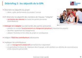46Tout droit réservé - CIPE 2015 - www.CIPE.fr
• Atteindre les objectifs du projet
– délais, coûts, performances du produit / service
• ET Atteindre les objectifs des membres de l'équipe "intégrée"
– satisfaction des attentes de toutes les parties prenantes
(contributeurs)
• Anticiper et s'adapter aux demandes des parties prenantes
– prendre en compte l'environnement en changement perpétuel (impactant les projets)
– identifier rapidement les changements
– adapter l'évolution et les cibles du projet en conséquence
• Intégrer TOUS les contributeurs nécessaires
• Impliquer les contributeurs
– par un management collaboratif permettant leur alignement
– en permettant à chacun de s'épanouir dans le projet, et de satisfaire ses attentes de reconnaissance
et de croissance personnelle
Débriefing 2 : les objectifs de la GPA
 