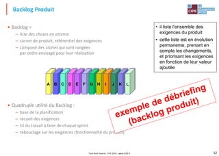 52Tout droit réservé - CIPE 2015 - www.CIPE.fr
• Backlog =
– liste des choses en attente
– carnet de produit, référentiel des exigences
– composé des stories qui sont rangées
par ordre envisagé pour leur réalisation
• Quadruple utilité du Backlog :
– base de la planification
– recueil des exigences
– tri du travail à faire de chaque sprint
– rebouclage sur les exigences (fonctionnalité du produit)
Backlog Produit
• il liste l'ensemble des
exigences du produit
• cette liste est en évolution
permanente, prenant en
compte les changements,
et priorisant les exigences
en fonction de leur valeur
ajoutée
A B C D E F G H I J K L
 