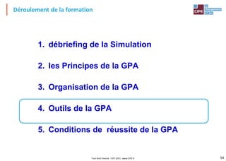 54Tout droit réservé - CIPE 2015 - www.CIPE.fr
Déroulement de la formation
1. débriefing de la Simulation
2. les Principes de la GPA
3. Organisation de la GPA
4. Outils de la GPA
5. Conditions de réussite de la GPA
 