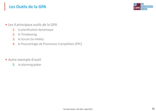 55Tout droit réservé - CIPE 2015 - www.CIPE.fr
• Les 4 principaux outils de la GPA
1. la planification dynamique
2. le Timeboxing
3. le Scrum (la mêlée)
4. le Pourcentage de Promesses Complétées (PPC)
• Autre exemple d'outil
5. le planning poker
Les Outils de la GPA
 