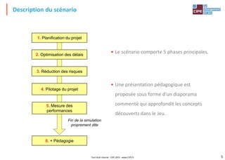5
Tout droit réservé - CIPE 2015 - www.CIPE.fr
1. Planification du projet
5. Mesure des
performances
6. + Pédagogie
4. Pilotage du projet
Fin de la simulation
proprement dite
3. Réduction des risques
• Le scénario comporte 5 phases principales.
• Une présentation pédagogique est
proposée sous forme d'un diaporama
commenté qui approfondit les concepts
découverts dans le Jeu.
Description du scénario
2. Optimisation des délais
 