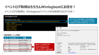 36
イベントログ取得はもちろんWinlogbeatにお任せ！
イベントログの取得は、WinlogbeatでイベントIDを取得するだけでOK！
# イベントID 内容
1 21 OSログイン成功
2 23 OSログオフ成功
3 24 OSセッション切断
4 25 OSセッション再接続
5 4625 OSログイン失敗
【winlogbeat.yml】
winlogbeat.event_logs:
- name: Microsoft-Windows-TerminalServices-LocalSessionManager/Operational
tags: ["login"]
event_id: 21,23,24,25
- name: Security
tags: ["login"]
event_id: 4625
Securityの「成功の監査」や「失敗の監査」の
イベントを取るよりもこのログを取るほうが正確な
OS認証ログが効率よく取得できる。(オススメ)
踏台サーバの利用終了時
ちゃんとログオフしていない
アカウントの監視ができる。
(セキュリティポリシー違反の監査)
【認証関連イベント情報】
 