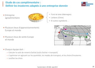 25
• Entreprise
agroalimentaire
• Plusieurs lieux d’approvisionnements
Europe et monde
• Plusieurs lieux de vente Europe
et monde
• Chaque équipe doit :
– Calculer le coût de revient d'achat (coût d'achat + transport)
– L'optimiser en agissant sur les quantités, les modes de transport, et les choix d'incoterms
– Justifier les choix
Etude de cas complémentaire :
Définir les Incoterms adaptés à une entreprise donnée
Tout droit réservé - CIPE 2020 - www.CIPE.fr
 Fond de tarte (Allemagne)
 Lardons (Chine)
 Et autres ingrédients …
 