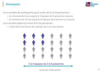 4
• Le nombre de participants peut varier de 6 et 24 personnes :
– Le minimum de 6 correspond à 3 équipes de 2 personnes chacune
– Le maximum de 24 correspond à 4 équipes de 6 personnes chacune
• Le nombre idéal est entre 9 et 16 personnes
– L’idéal étant de former des équipes de 3 ou 4 personnes
Participants
Tout droit réservé - CIPE 2020 - www.CIPE.fr
3 à 4 équipes de 2 à 6 personnes
 