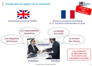 7
Introduction et rappels sur les incoterms
International commercial TERMS Termes du commerce international
C.I.V conditions internationales de vente
Acheteur Vendeur
Incoterms®
La division
des risques
Les responsabilités
respectives
Le partage
des coûts
Les obligations
réciproques
Les incoterms®
ne définissent pas
le moment où est
transférée la propriété
Tout droit réservé - CIPE 2020 - www.CIPE.fr
 