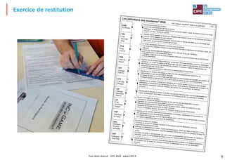 9
A
B
C
D
E
F
G
H
I
J
K
Les définitions des Incoterms®
2020 Liez chaque Incoterm®
2020 à sa définition
Devoirs principaux du vendeur :• Livrer les marchandises le long du navire.• Effectuer le dédouanement export, fournir la licence export, payer les taxes et frais s'il y a lieu.
• Fournir un reçu "le long du navire".
• Signifie que le vendeur a rempli son obligation de livraison quand la marchandise est livrée à
bord du navire désigné au port désigné.• Signifie que l'acheteur doit supporter tous les frais et risques de perte ou de dommage que
peut courir la marchandise à partir de ce point.Ce terme représente l'obligation minimum pour le vendeur :
• Il a rempli son obligation lorsque la marchandise est mise à disposition de l'acheteur dans son
entrepôt.
• Il n'est pas responsable du chargement sur le véhicule fourni par l'acheteur.
• Il ne réalise pas le dédouanement export.• L'acheteur supporte tous les frais et risques inhérents à l'acheminement de la marchandise
jusqu'à destination.
• Signifie que le vendeur paie le fret pour le transport de la marchandise jusqu'à la destination
convenue. Le risque de perte ou de dommage que peut courir la marchandise après qu'elle ait
été livrée au transporteur, est transféré du vendeur à l'acheteur quand la marchandise est
remise au premier transporteur.• Le terme exige que le vendeur dédouane la marchandise à l'exportation.
• Signifie que le vendeur doit payer les frais et le fret nécessaires pour acheminer la
marchandise au port de destination désigné,
• Le risque de perte ou de dommage que peut courir la marchandise est transféré du vendeur à
l'acheteur quand la marchandise est livrée à bord du navire au port d'embarquement.
• Signifie que le vendeur a rempli son obligation de livraison quand il a remis la marchandise
dédouanée à l'exportation au transporteur ou à une autre personne désignée par l'acheteur au
lieu convenu (peut-être l'usine du vendeur, les locaux d'un transporteur, un terminal
portuaire...).
• Signifie que le vendeur a dûment livré dès lors que les marchandises, une fois déchargées du
moyen de transport, sont mises à disposition de l'acheteur au lieu de destination convenu.
Devoirs principaux du vendeur :• Conclure le contrat de transport et payer le fret jusqu'au lieu de destination convenu.
• Remettre les marchandises à la garde du premier transporteur.
• Effectuer le dédouanement export, fournir la licence export, payer les taxes s'il y a lieu.
• Souscrire un contrat d'assurance et payer la prime.
• Fournir à l'acheteur facture, document de transport usuel et police d'assurance
• Signifie que le vendeur doit livrer la marchandise à l'acheteur, dédouanée à l'importation et
non déchargée au lieu de destination convenu.
• Le vendeur doit supporter tous les frais et risques pour y acheminer la marchandise y compris
tout droit à l'importation dans le pays de destination.Devoirs principaux du vendeur :• Conclure le contrat de transport et payer le fret jusqu'au port de destination convenu.
• Livrer les marchandises à bord.• Effectuer le dédouanement export, fournir la licence export, payer les taxes et frais s'il y a lieu.
• Souscrire un contrat d'assurance couvrant l'acheteur contre les risques du transport et payer la
prime.
• Le risque de perte ou de dommage que peut courir la marchandise est transféré du vendeur à
l'acheteur quand la marchandise est livrée à bord du navire au port d'embarquement.
• Signifie que le vendeur a dûment livré dès lors que les marchandises sont mises à disposition
de l'acheteur sur le moyen de transport prêt pour le déchargement au lieu de destination
convenu.
EXW
EX-Works
FAS
Free
Alonside
Ship
FCA
Free
Carrier
FOB
Free On
Board
CPT
Carriage
Paid To
CFR
Cost and
FRreight
CIP
Carriage
Insurance
Paid to
CIF
Cost
Insurance
Freight
DAP
Delivered
At Place
DPU
Delivered
At place
Unloaded
DDP
Delivered
Duty Paid
chap. 1
1
2
3
4
5
6
7
8
9
10
11
Exercice de restitution
Tout droit réservé - CIPE 2020 - www.CIPE.fr
 