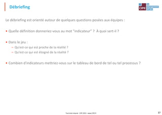 37
Le débriefing est orienté autour de quelques questions posées aux équipes :
• Quelle définition donneriez-vous au mot "indicateur" ? À quoi sert-il ?
• Dans le jeu :
– Qu'est-ce qui est proche de la réalité ?
– Qu'est-ce qui est éloigné de la réalité ?
• Combien d'indicateurs mettriez-vous sur le tableau de bord de tel ou tel processus ?
Débriefing
Tout droit réservé - CIPE 2015 - www.CIPE.fr
 