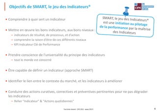 4
• Comprendre à quoi sert un indicateur
• Mettre en œuvre les bons indicateurs, aux bons niveaux :
– indicateurs de résultat, de processus, et d'action
– comprendre la raison d'être de ces différents niveaux
– KPI Indicateur Clé de Performance
• Prendre conscience de l'universalité du principe des indicateurs
– tout le monde est concerné
• Être capable de définir un indicateur (approche SMART)
• Identifier le lien entre le contexte du marché, et les indicateurs à améliorer
• Conduire des actions curatives, correctives et préventives pertinentes pour ne pas dégrader
les indicateurs
– Relier "Indicateur" & "Actions quotidiennes"
Objectifs de SMART, le jeu des Indicateurs®
Tout droit réservé - CIPE 2015 - www.CIPE.fr
 