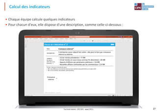 27
• Chaque équipe calcule quelques indicateurs
• Pour chacun d'eux, elle dispose d'une description, comme celle-ci-dessous :
Calcul des indicateurs
Tout droit réservé - CIPE 2021 - www.CIPE.fr
 