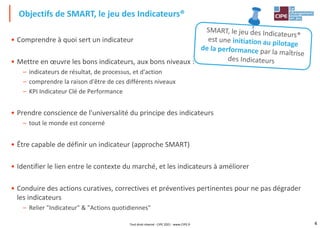 4
• Comprendre à quoi sert un indicateur
• Mettre en œuvre les bons indicateurs, aux bons niveaux :
– indicateurs de résultat, de processus, et d'action
– comprendre la raison d'être de ces différents niveaux
– KPI Indicateur Clé de Performance
• Prendre conscience de l'universalité du principe des indicateurs
– tout le monde est concerné
• Être capable de définir un indicateur (approche SMART)
• Identifier le lien entre le contexte du marché, et les indicateurs à améliorer
• Conduire des actions curatives, correctives et préventives pertinentes pour ne pas dégrader
les indicateurs
– Relier "Indicateur" & "Actions quotidiennes"
Objectifs de SMART, le jeu des Indicateurs®
Tout droit réservé - CIPE 2021 - www.CIPE.fr
 