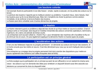 Tout droit réservé - CIPE 2015 - www.CIPE.fr 48
Visites Asie : commentaires des visites pour l'animateur
Cet exemple illustre la particularité d’une idée Kaizen : simple, rapide à exécuter, et à la portée des acteurs sur le
terrain.
La peinture des boulons n’apporte pas la meilleure solution au problème. Il vaudrait mieux, dans l’absolu, fixer
les boulons pour qu’ils ne se détachent pas. Mais rien n’empêche de choisir la peinture comme solution
immédiate, et de renforcer à terme la fixation des boulons.
Le Kaizen peut donc cohabiter avec d’autres démarches de progrès.
Les boulons colorés 1a
Le Hoshin intervient quand un problème a déjà été bien étudié et qu’il faut mettre en œuvre la solution. C’est en
quelque sorte un mini-projet, dans lequel on mobilise l’ensemble des acteurs concernés (opérateurs, techniciens,
ingénieurs, etc.) dans une période de temps courte.
Les entreprises sont souvent utilisé le « Hoshin Flux » pour réimplanter des machines afin d’accélérer le flux et
de diminuer les en-cours. On peut également appliquer la démarche Hoshin à d’autres types de projets.
Le Hoshin 2a
C’est une des faiblesses majeures du progrès permanent : on demande aux acteurs de trouver des solutions, et
on traîne ensuite pour les mettre en œuvre. C’est très démotivant pour ceux qui se sont impliqués dans la phase
d’étude.
Une entreprise qui s’engage dans le progrès permanent doit donc prendre des dispositions pour mettre en
œuvre rapidement des solutions (voir celles évoquées dans la fiche).
L’accélération des actions 3a
La fiche souligne que la participation est un principe qui perd de son efficacité si on en restreint le champ sans
raison : les acteurs à qui l’on demande des idées pour améliorer un dispositif doivent aussi être associés aux
décisions qui concernent le choix du dispositif initial.
La participation est un principe général 4a
 