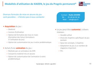 Modalités d'utilisation de KAIZEN, le jeu du Progrès permanent®
53
Contact : Nadia GHARBI
Tél. : 01 40 64 59 18
Mail : info@cipe.fr
• Le jeu peut être customisé, à divers
niveaux :
– Vocable utilisé
– Choix de chapitres spécifiques du jeu
existant
– Ajout de concepts / chapitres
– Adaptation du jeu à un nombre de
stagiaires important
– Etc.
Diverses formules de mise en œuvre du jeu
sont possibles : n'hésitez pas à nous contacter
• Acquisition du jeu :
– Matériel
– Licence d'utilisation
– Option de formation de mise en main
(formation des futurs formateurs
à l'utilisation du jeu)
– Option de customisation du jeu à votre problématique
• Achat d'une animation du jeu :
– Réalisée par un animateur du CIPE
– Incluant le matériel mis en œuvre
– Option de customisation de l'animation à votre
problématique
Tout droit réservé - CIPE 2015 - www.CIPE.fr
 