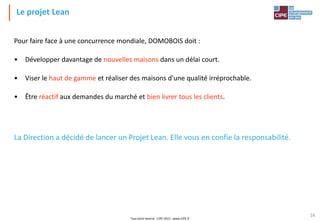 Tout droit réservé - CIPE 2015 - www.CIPE.fr
16
Le projet Lean
Pour faire face à une concurrence mondiale, DOMOBOIS doit :
• Développer davantage de nouvelles maisons dans un délai court.
• Viser le haut de gamme et réaliser des maisons d'une qualité irréprochable.
• Être réactif aux demandes du marché et bien livrer tous les clients.
La Direction a décidé de lancer un Projet Lean. Elle vous en confie la responsabilité.
 