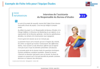 Tout droit réservé - CIPE 2015 - www.CIPE.fr
32
Exemple de Fiche Info pour l'équipe Études
Le jeu du Lean Construction – Management – Licence 100
FICHE
INFORMATION
Le jeu du Lean Construction – Management – Licence 100
Interview de l'assistante
du Responsable du Bureau d'études
E 7
E 8
Le suivi d'un projet de nouvelle maison fait l'objet d'une réunion
mensuelle (revue de projet). C'est moi qui rédige le compte-
rendu.
Au début du projet il y a le Responsable du Bureau d'études et le
Chargé d’affaire, le Directeur du Marketing et son adjoint, et un
représentant de la Direction générale. Une fois les spécifications
décidées, les Achats et la Construction nous rejoignent.
C'est le genre de réunion où on ne s'ennuie pas.
La première heure sert à trouver qui est à l'origine des retards.
On utilise un logiciel qui montre l'avancement des différentes
tâches, mais souvent un des directeurs affirme que le logiciel
n'est pas à jour et que les données présentées sont fausses.
La seconde partie de la réunion traite les questions techniques.
Certains problèmes semblent insolubles. Quand la réunion
s'éternise un directeur doit partir, puis un second. Au bout du
compte on convient qu'il n'est pas possible de prendre certaines
décisions en l'absence des directeurs.
 
