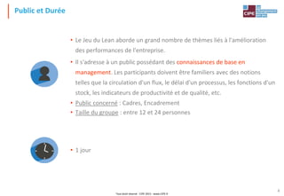 Tout droit réservé - CIPE 2015 - www.CIPE.fr
4
Public et Durée
• Le Jeu du Lean aborde un grand nombre de thèmes liés à l'amélioration
des performances de l'entreprise.
• Il s'adresse à un public possédant des connaissances de base en
management. Les participants doivent être familiers avec des notions
telles que la circulation d'un flux, le délai d'un processus, les fonctions d'un
stock, les indicateurs de productivité et de qualité, etc.
• Public concerné : Cadres, Encadrement
• Taille du groupe : entre 12 et 24 personnes
• 1 jour
 