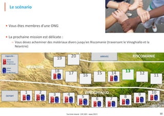 10
• Vous êtes membres d'une ONG
• La prochaine mission est délicate :
– Vous devez acheminer des matériaux divers jusqu'en Riscomanie (traversant le Vinoghiallo et la
Néantrie)
– Mais l'accès sera fermé dans 30 jours en raison de la mousson qui arrive
Le scénario
Tout droit réservé - CIPE 2021 - www.CIPE.fr
 