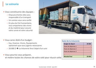 11
• Vous constituerez des équipes :
– Chacune d'entre elles sera
responsable d'un transport
– Un camion vous sera confié
– En plus du fret humanitaire,
vous emporterez des vivres
et du matériel pour assurer
votre survie et votre sécurité
• Vous serez doté d'un budget :
– Eau, Essence, Vivres, Équipements
optionnels que vous jugerez nécessaires
– 20.000 $ ➔ La trésorerie fera l'objet d'un suivi
• Vous pourrez vous préparer,
et mettre toutes les chances de votre coté pour réussir cette mission
Le scénario
Suivi de la trésorerie
Budget de départ 20 000
Poste de dépenses 1 -
Poste de dépenses 2 -
Poste de dépenses 3 -
… -
Résultat final 20 000
Tout droit réservé - CIPE 2021 - www.CIPE.fr
 